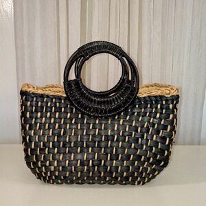 Free People The Sofia Basket Black Corn Husk Woven Tote Bag Wood-style Handles